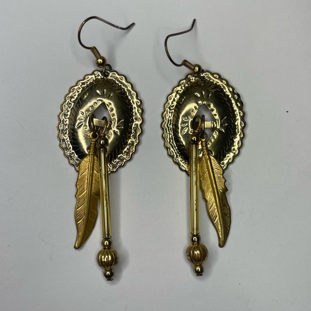 Southwestern Boho Stamped Concho Feather Post Dangle Earrings Gold Tone